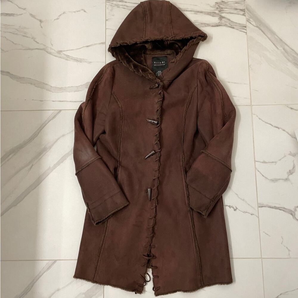 Women’s Tally Ho Outerwear Brown Faux Fur and Suede Jacket Hood and Pockets Med